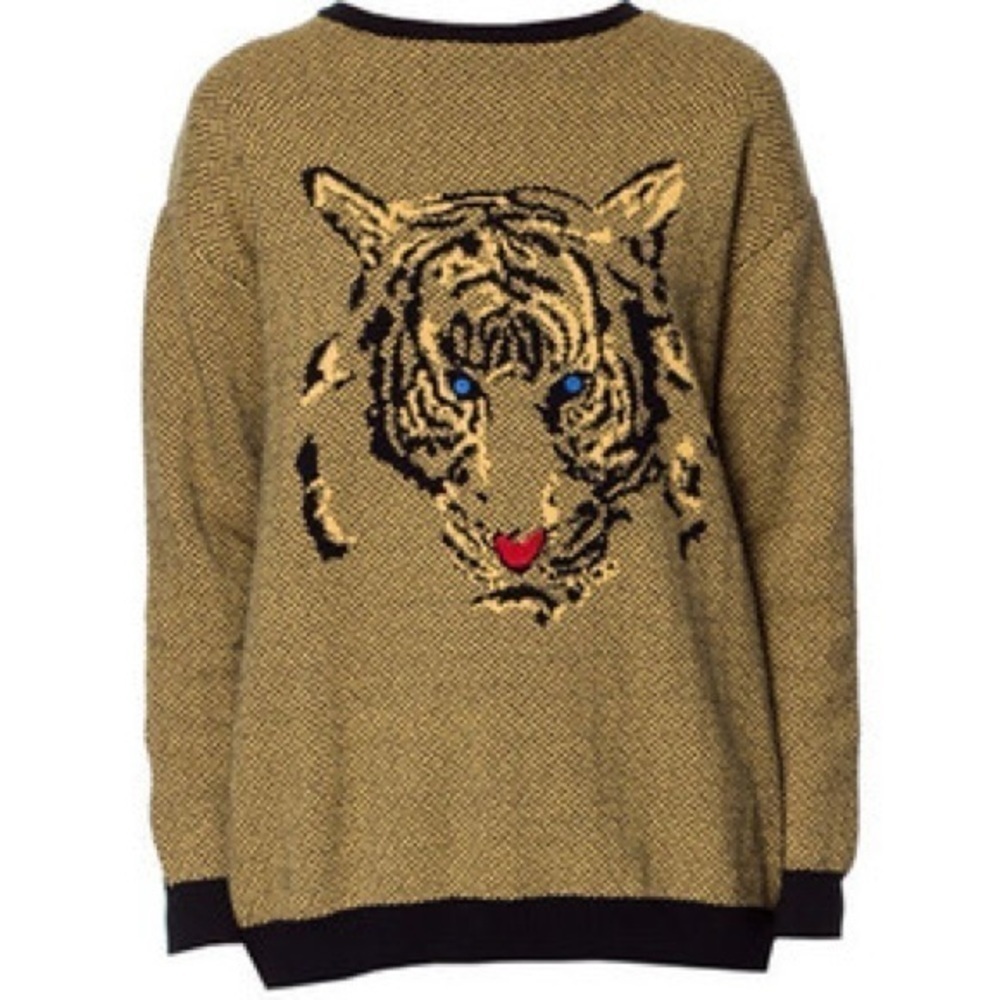 Zara Knit Tiger Crewneck Herringbone Sweater